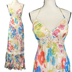 Vintage 90s Y2K Sue Wong Silk Sheer Mesh Floral & Crochet Maxi Halter Dress